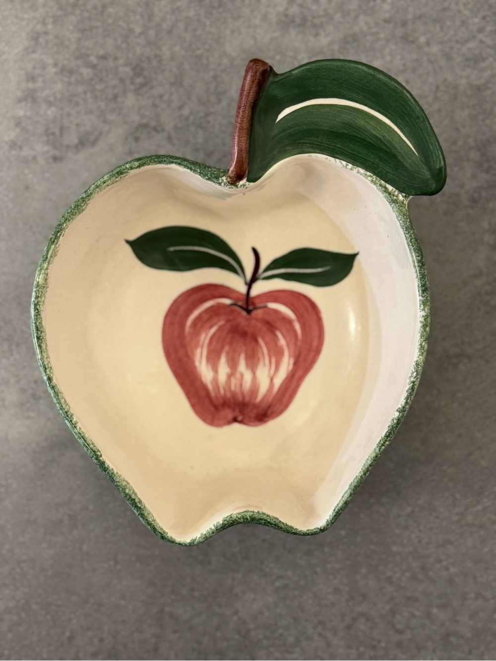 Vintage Apple Shaped Ceramic Dish - Cream & Green with Red Apple Motif
